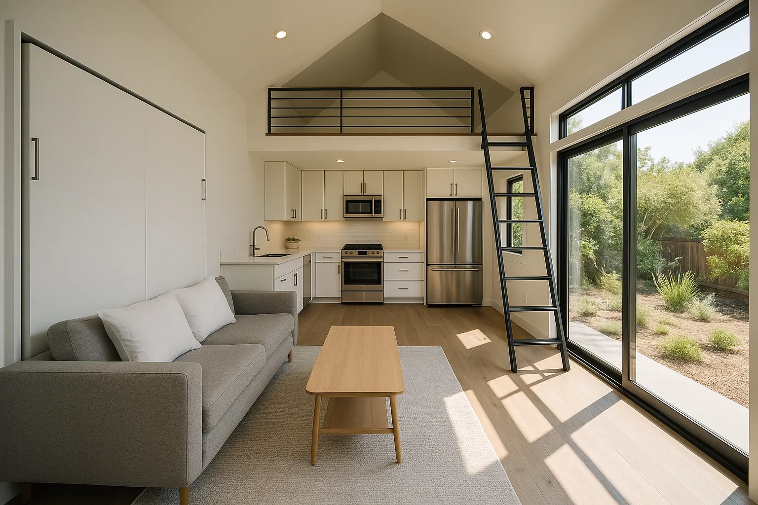 Open-plan interior of a Calabasas ADU with sleeping loft and Murphy bed.