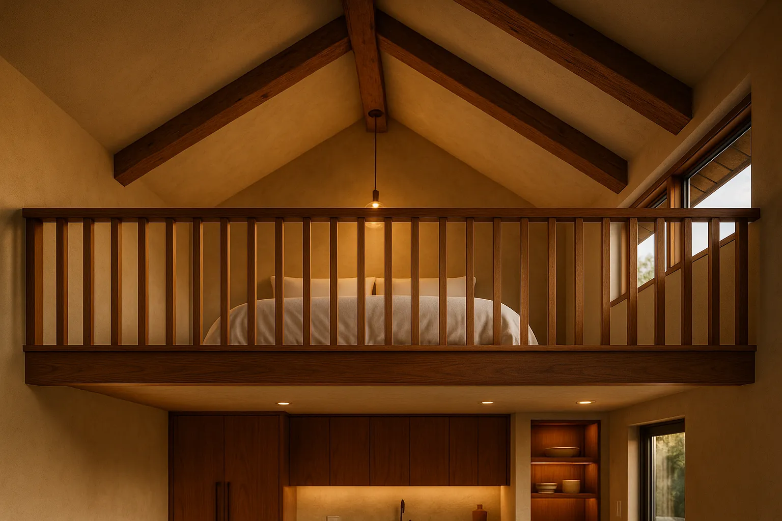 Sleeping loft and kitchen view in a Calabasas ADU.