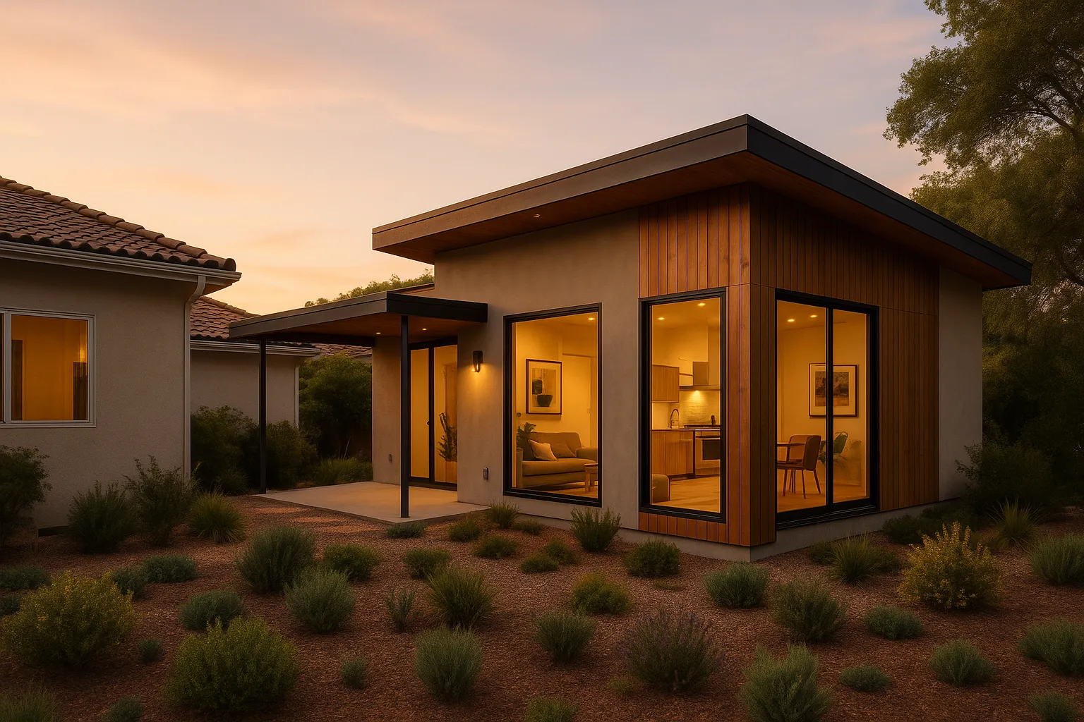 Golden hour view of an attached ADU exterior in Calabasas, California.
