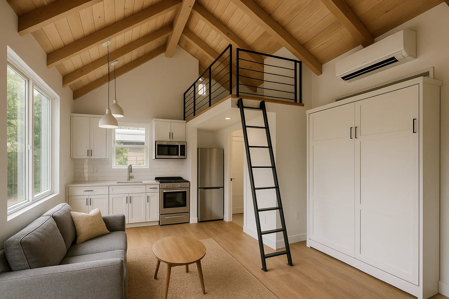 Interior of a detached ADU in Torrance, California with compact open-plan layout and sleeping loft.