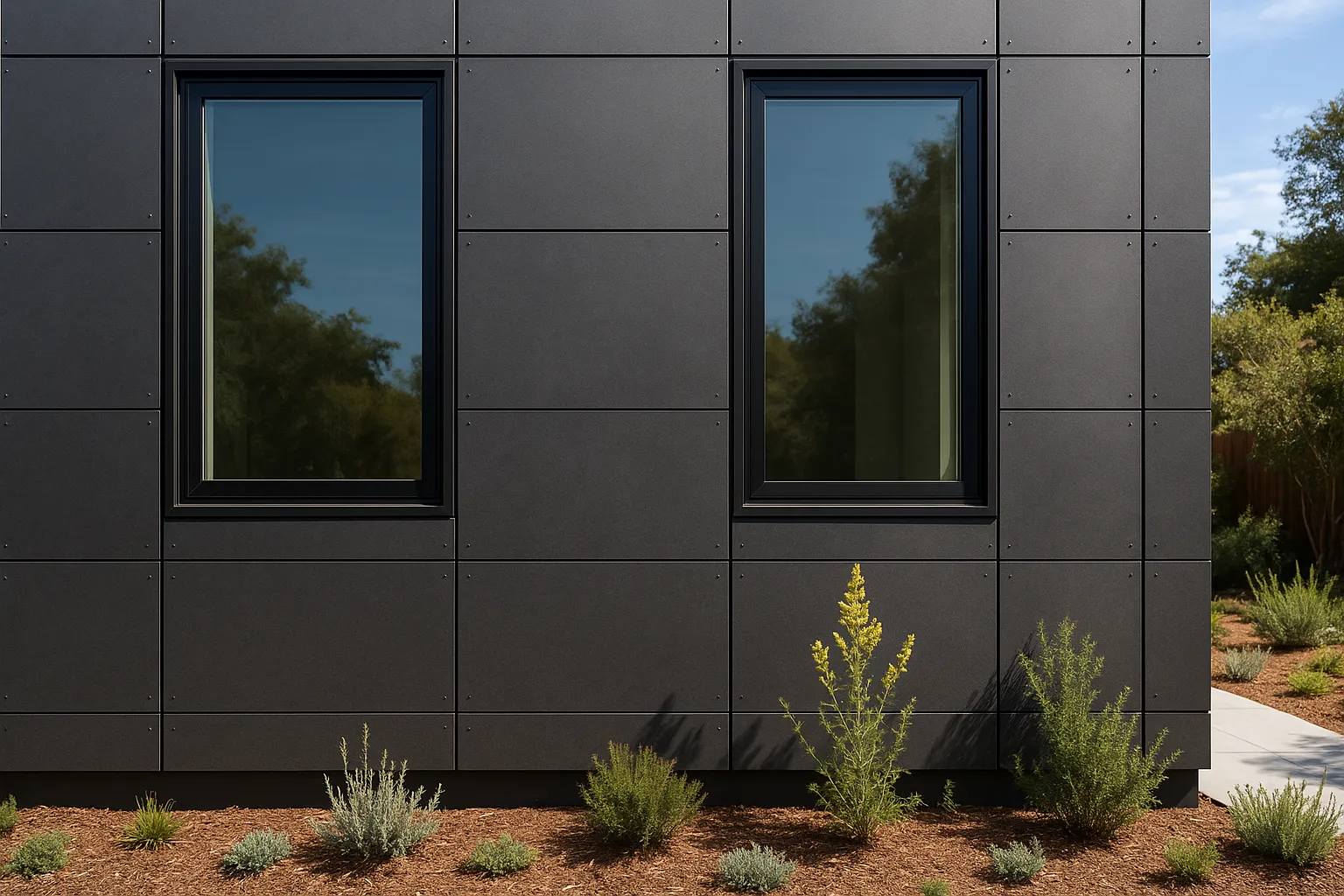Exterior wall detail of a detached ADU in Torrance, California, featuring modern siding and energy-efficient windows.