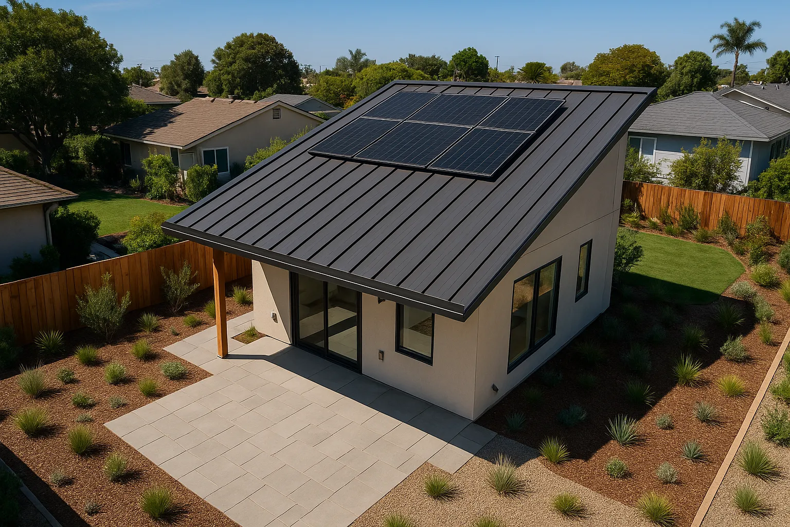 Drone aerial view of a detached ADU in Torrance, California, highlighting the modern metal roof with solar panels.