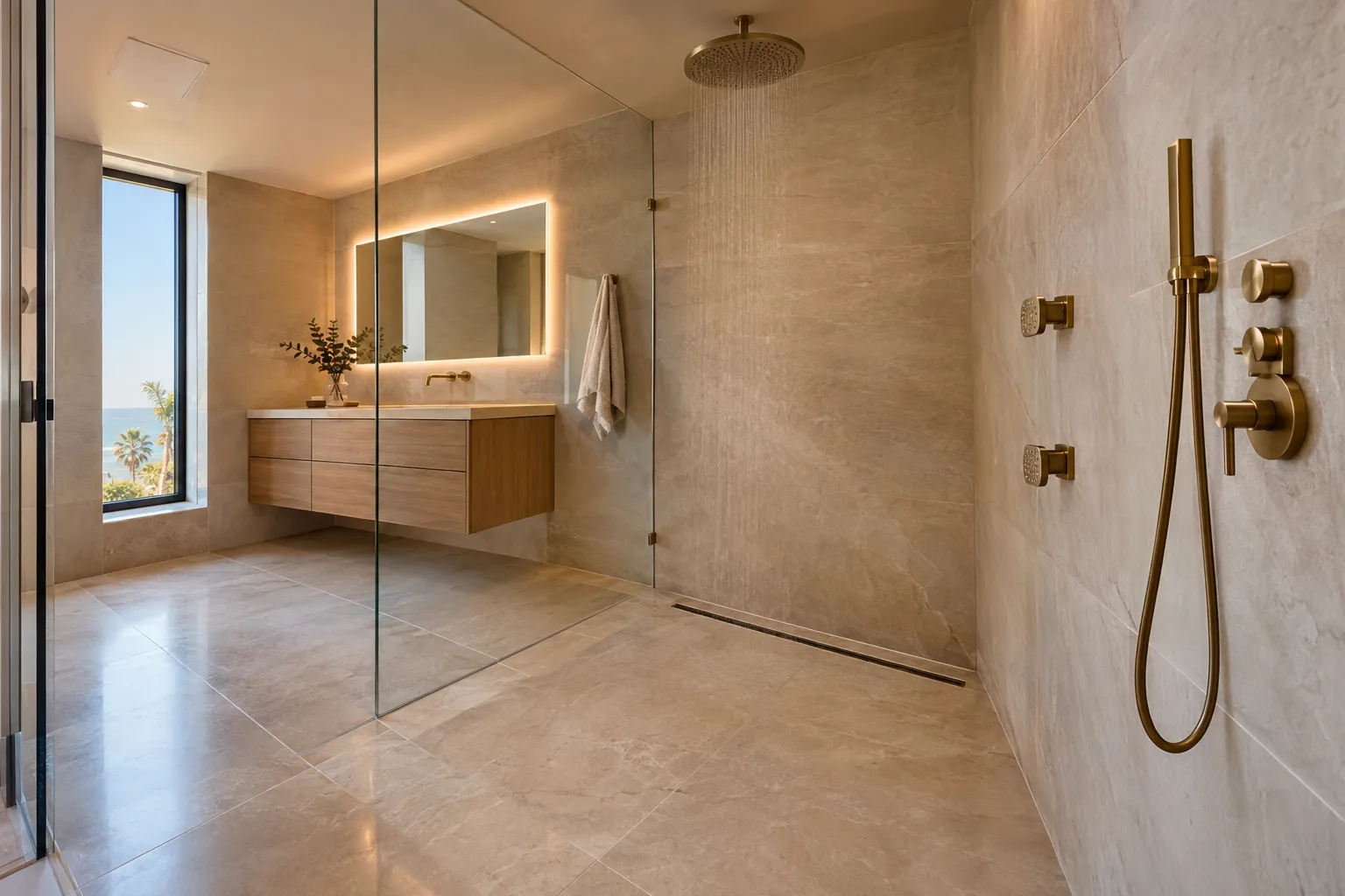 Malibu, California bathroom remodel with curbless shower, brass fixtures, and radiant-heated porcelain tile
