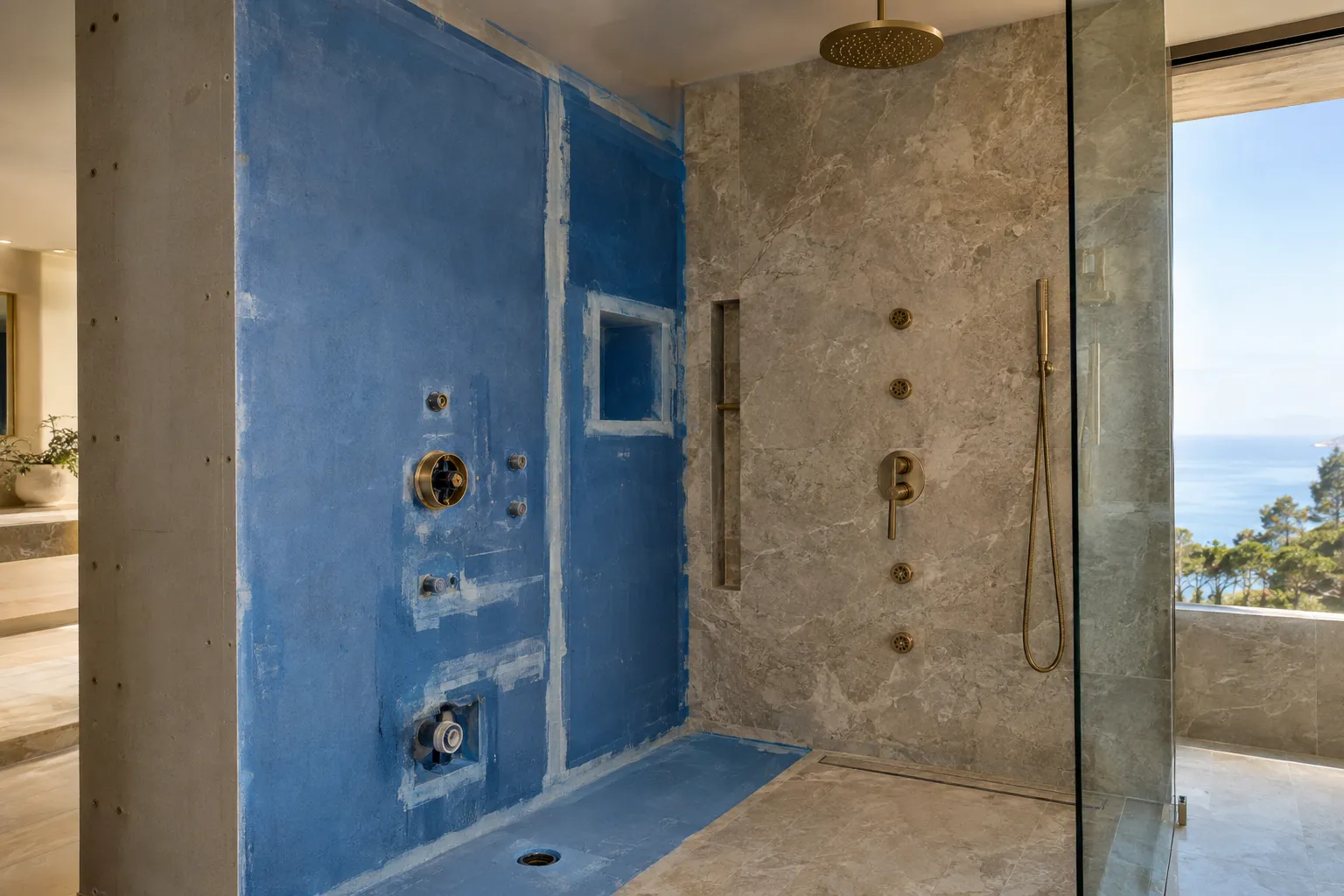 Coastal-grade shower waterproofing and corrosion-resistant fixtures in a Malibu, California bathroom