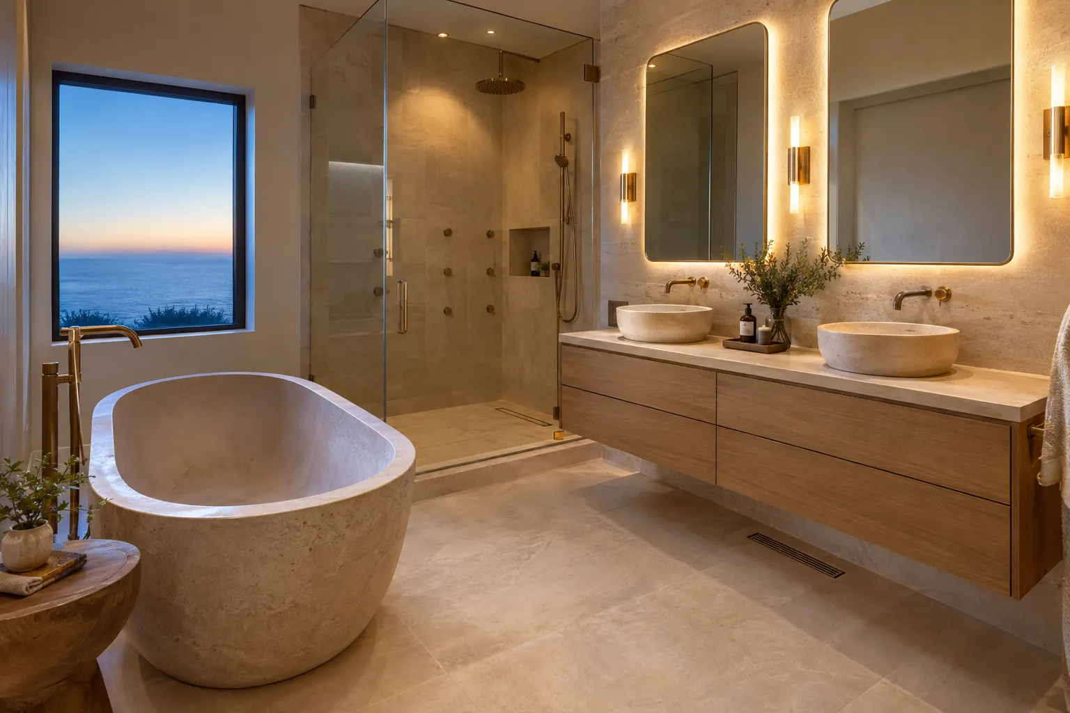 Finished Malibu, California guest bathroom with stone tub, floating vanity, and coastal-grade shower fixtures