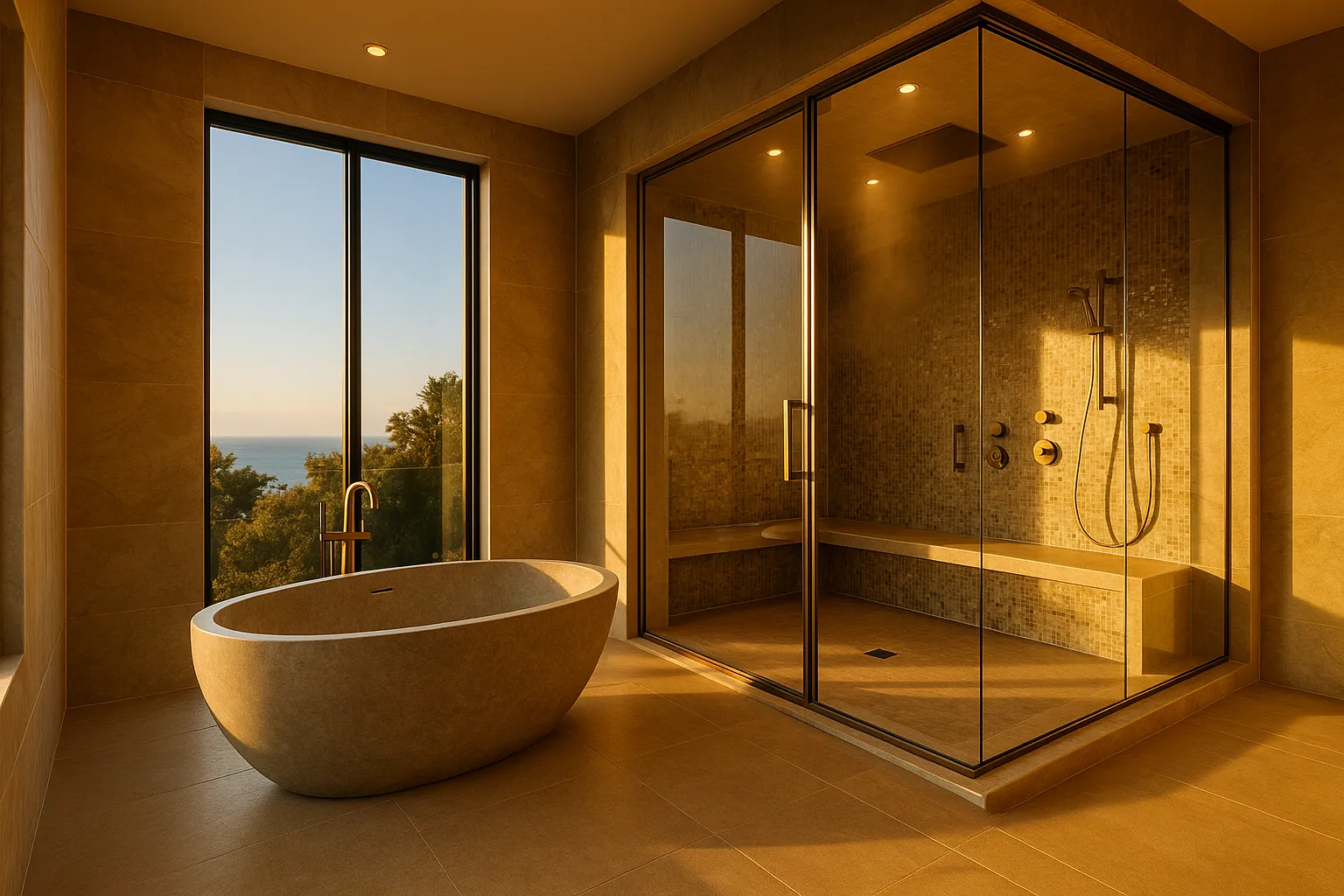 Luxury master suite bathroom with wet room and steam shower in Manhattan Beach, California.