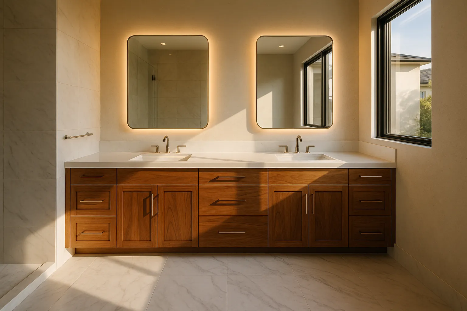 High-end bathroom remodel with custom cabinetry and heated marble-look floors in Manhattan Beach, California.