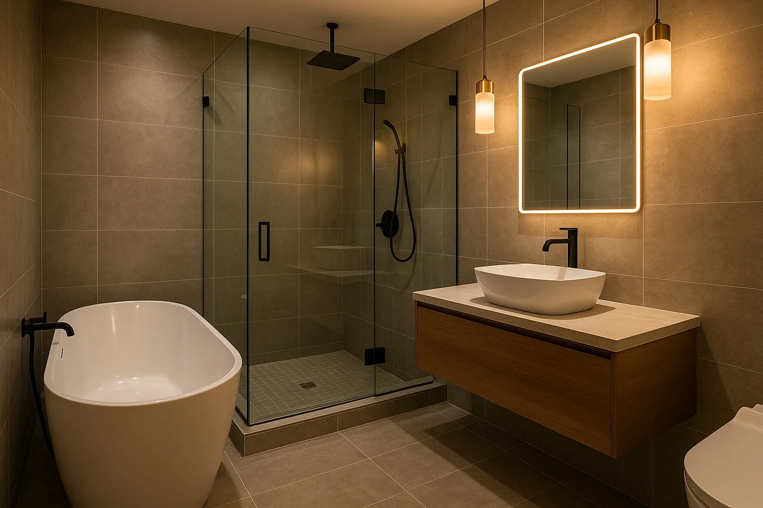 Mid-range bathroom remodel in Manhattan Beach, California featuring modern tilework and a frameless glass shower.