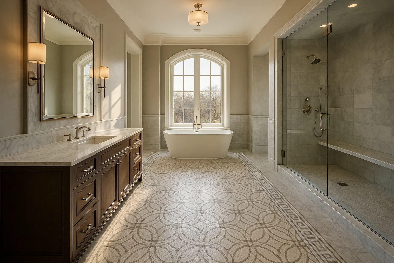 Luxury master bath with heated floors and custom tile in Palos Verdes, California