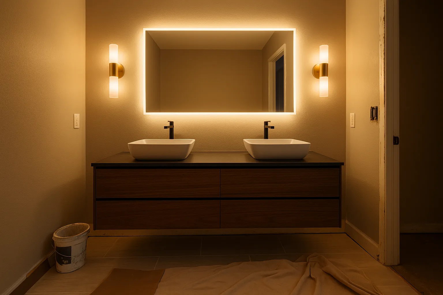 Floating vanity with backlit mirror in a Palos Verdes bathroom remodel, California