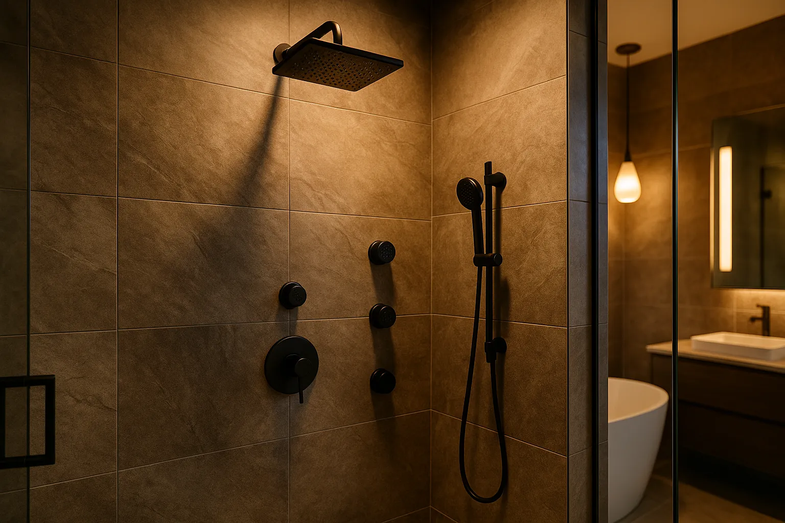 Modern rainfall shower with body jets in a remodeled Palos Verdes bathroom, California