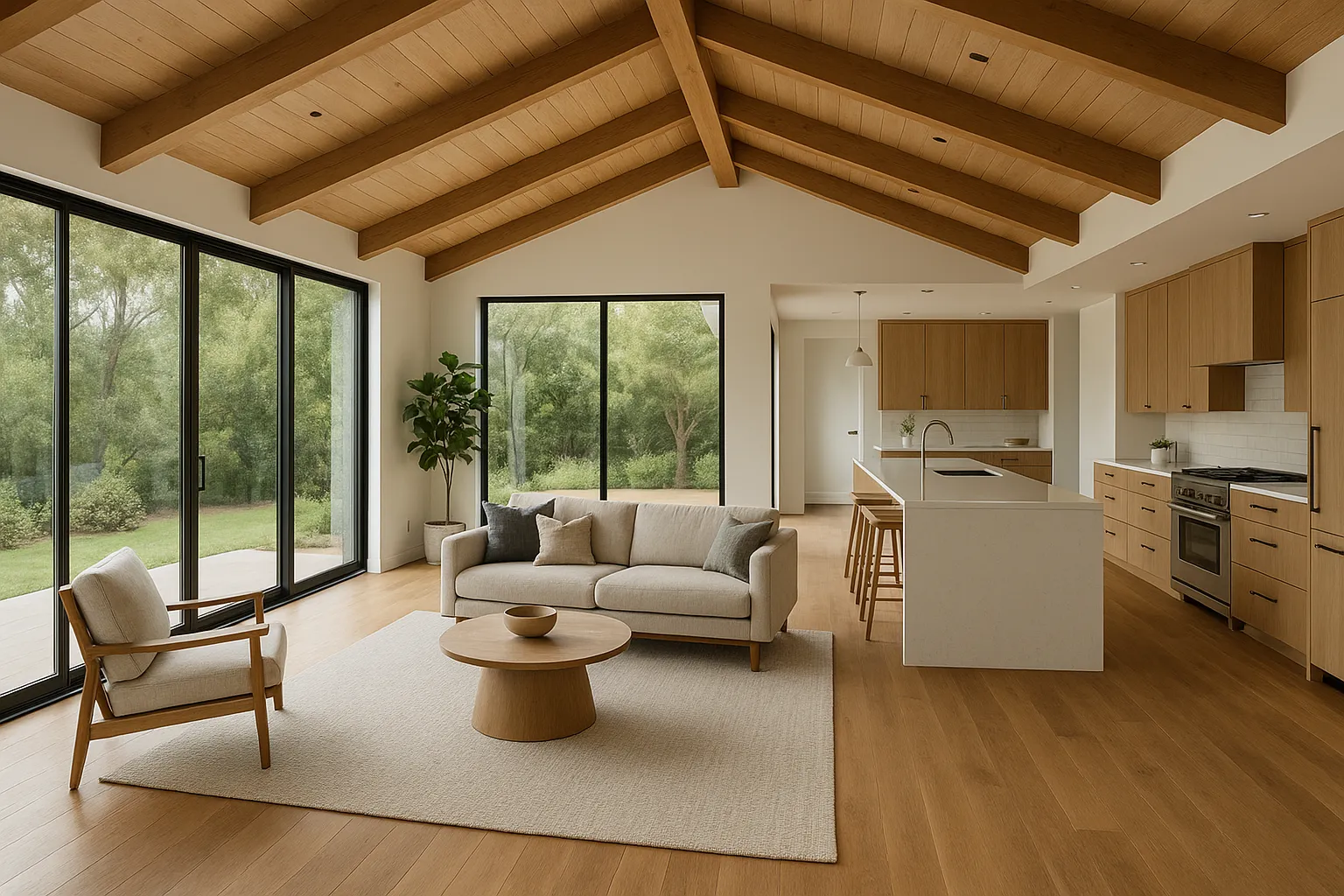 Open-concept living room and kitchen in a Torrance design build project, California