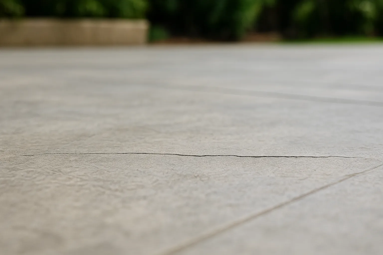 Horizontal hairline crack in concrete slab foundation of Encino, California home.