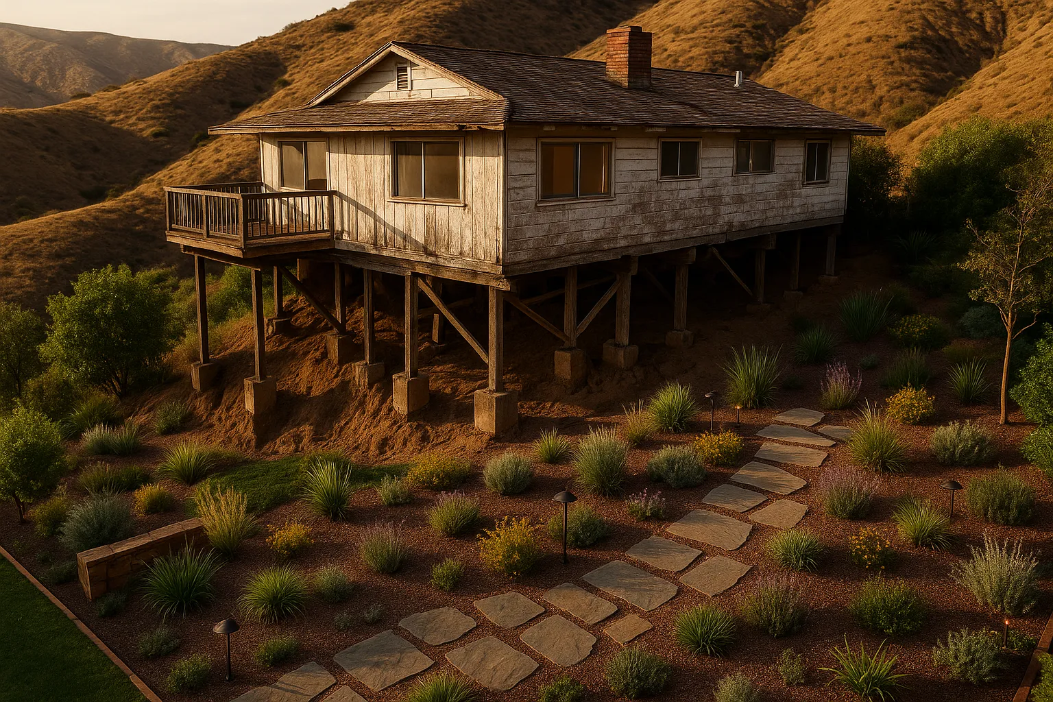 Aerial view of Encino hillside home with post-and-pier foundation, showing soil and structural context.
