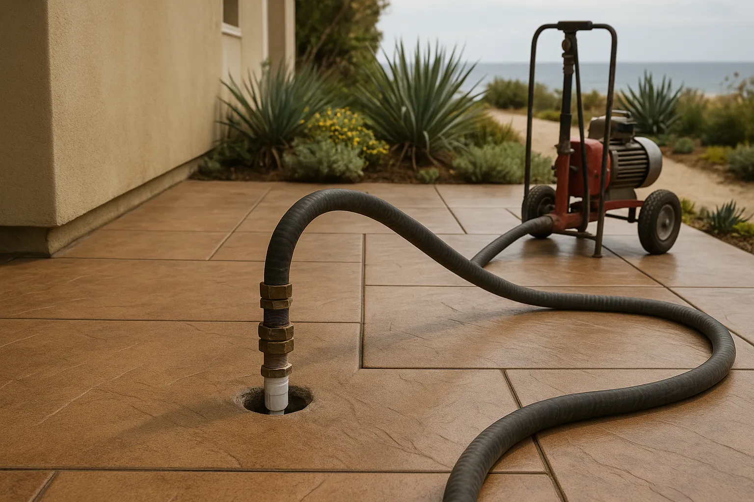 Concrete slab-on-grade foundation repair in Manhattan Beach, California, showcasing mudjacking process.