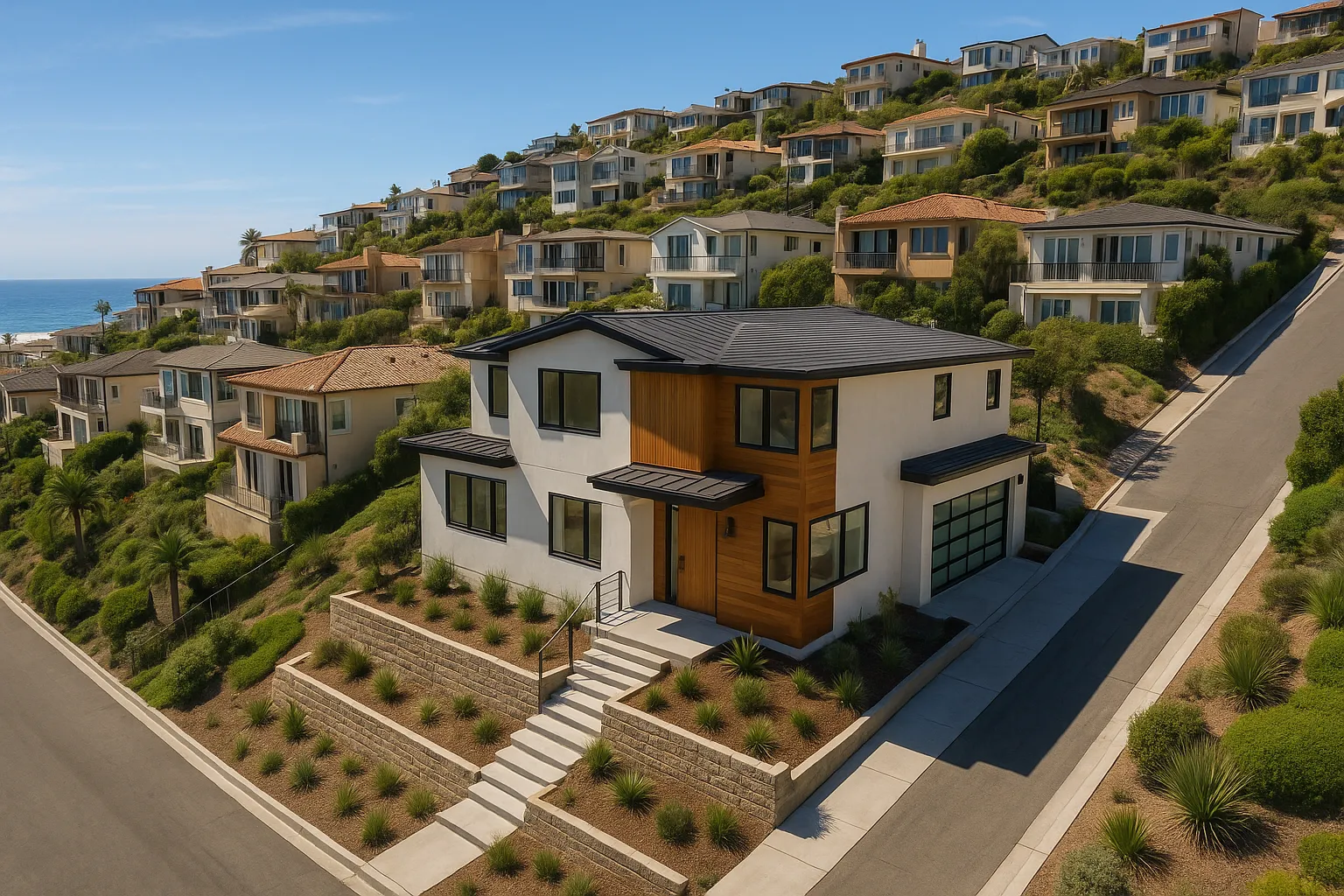Drone aerial view of Hill Section in Manhattan Beach, California, highlighting slope drainage issues affecting foundations.