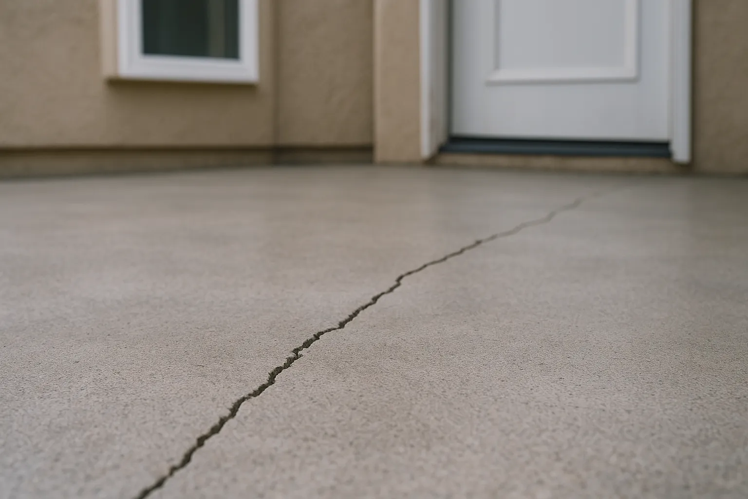 Close-up of cracked concrete slab foundation in San Marino, California.