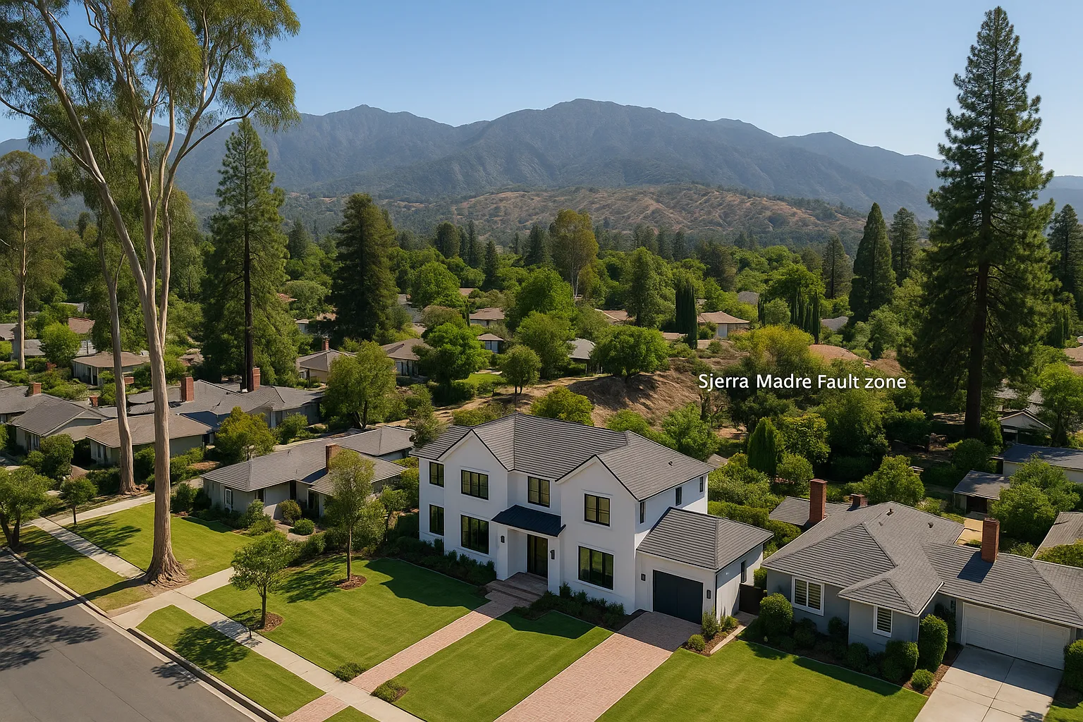 Aerial view of San Marino neighborhood near Sierra Madre fault zone, California.