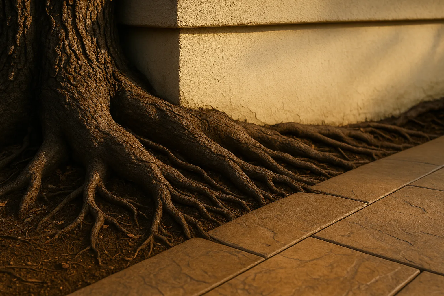 Tree roots encroaching on home foundation in San Marino, California.