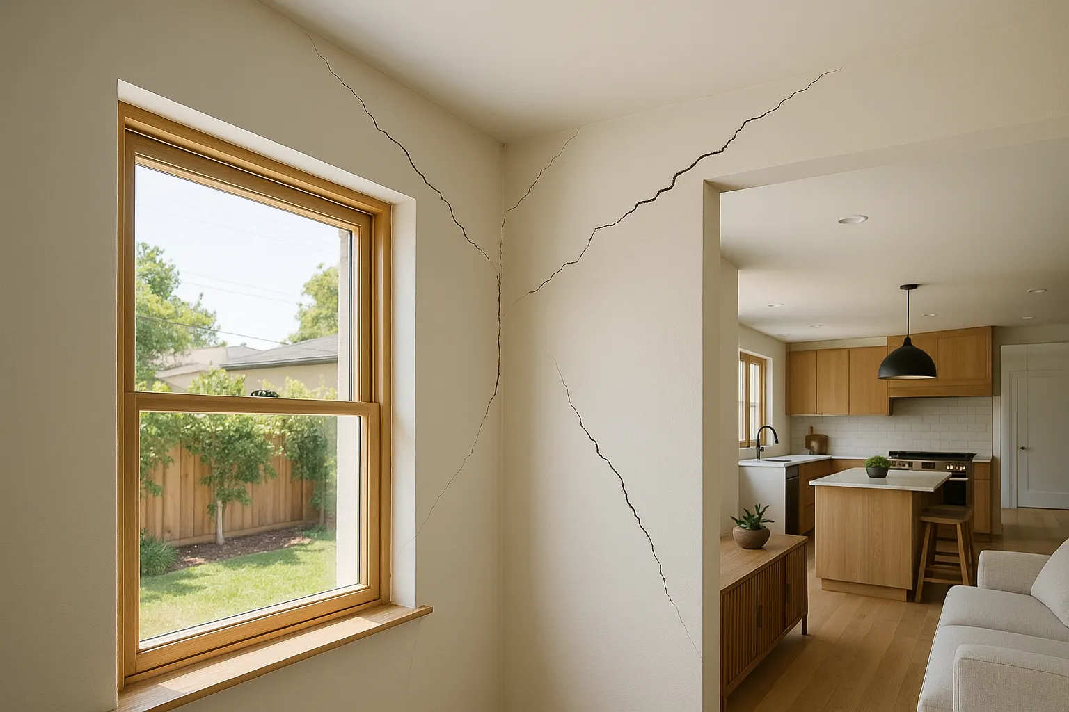 Interior diagonal cracks from window frame in Sherman Oaks, California home signaling foundation issues