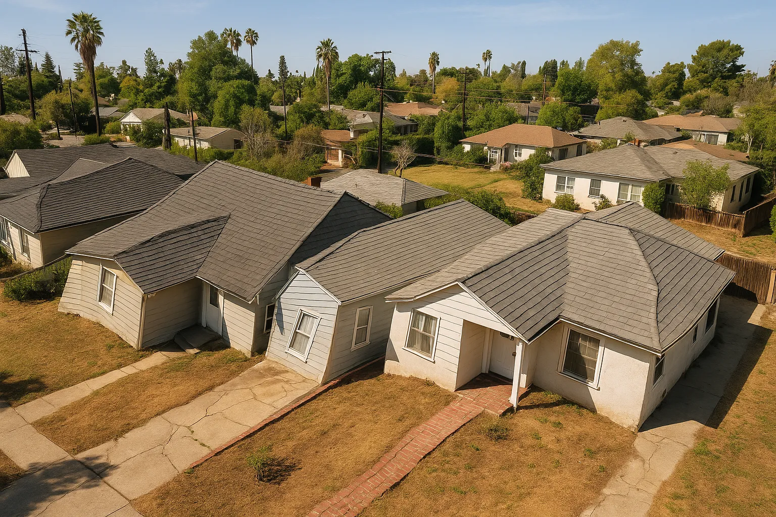 Aerial view of Sherman Oaks neighborhood with visible foundation settlement issues in California homes