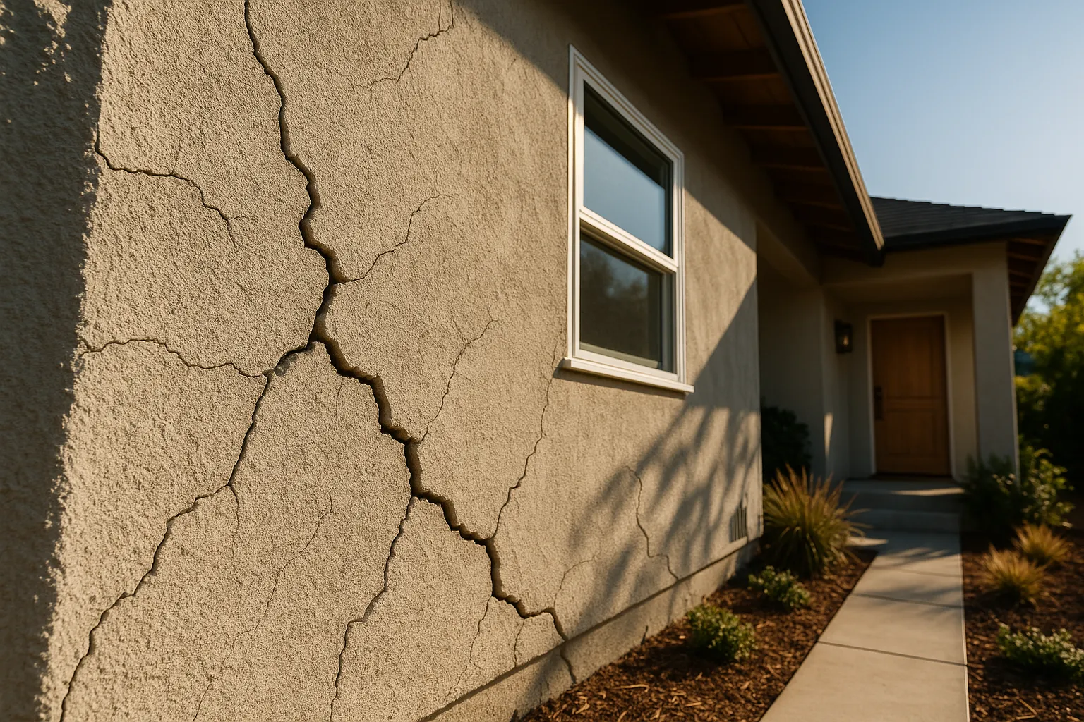 Exterior stucco wall cracks on a Sherman Oaks, California home indicating potential foundation problems