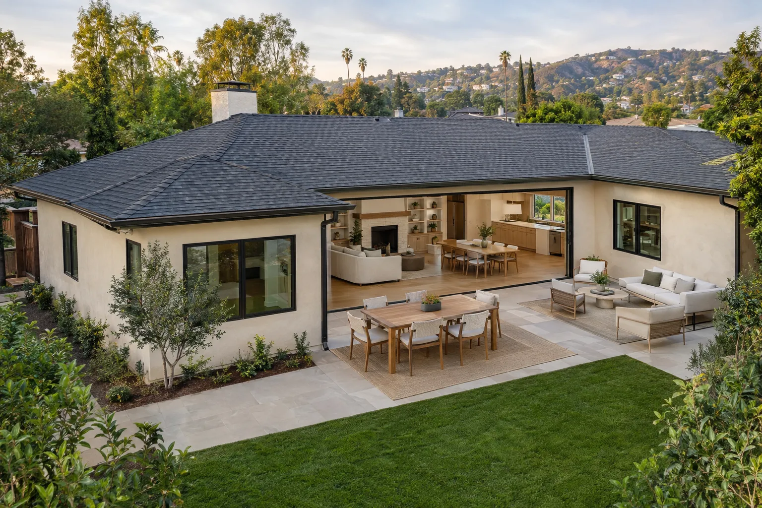 Completed Glendale, California whole-home remodel with new roof, stucco, windows, and living area