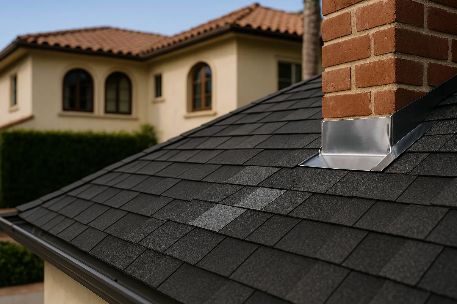 Close-up of expertly repaired roof shingles and flashing in Beverly Hills, California.