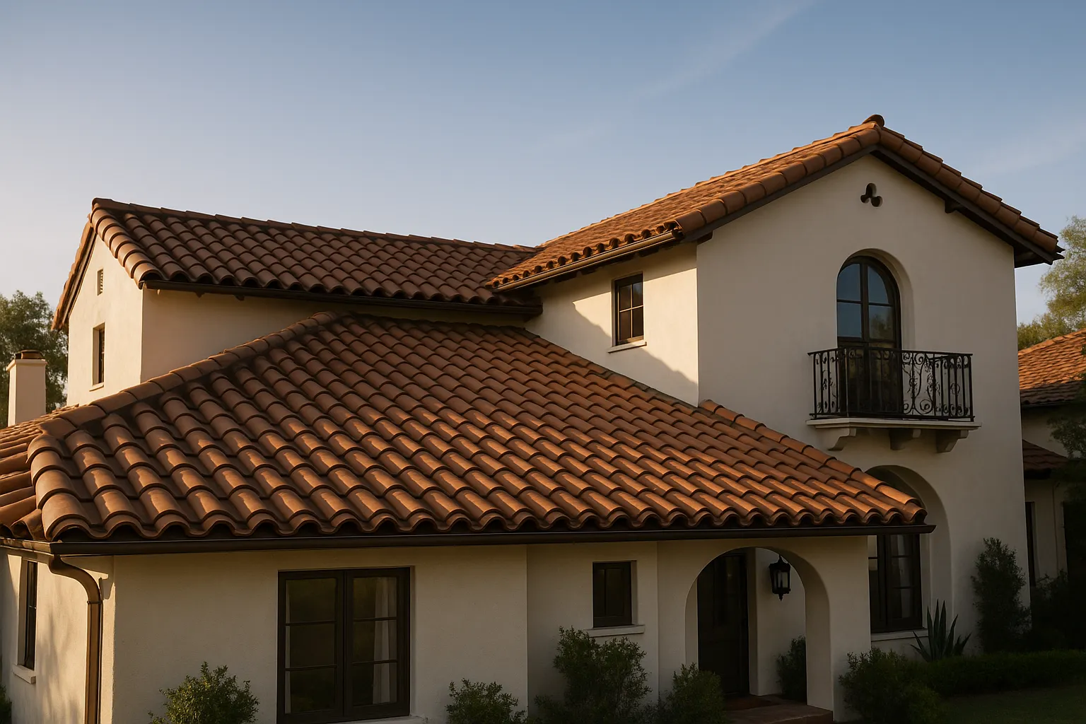 Spanish-style home in Pasadena, California with a newly installed terracotta tile roof.
