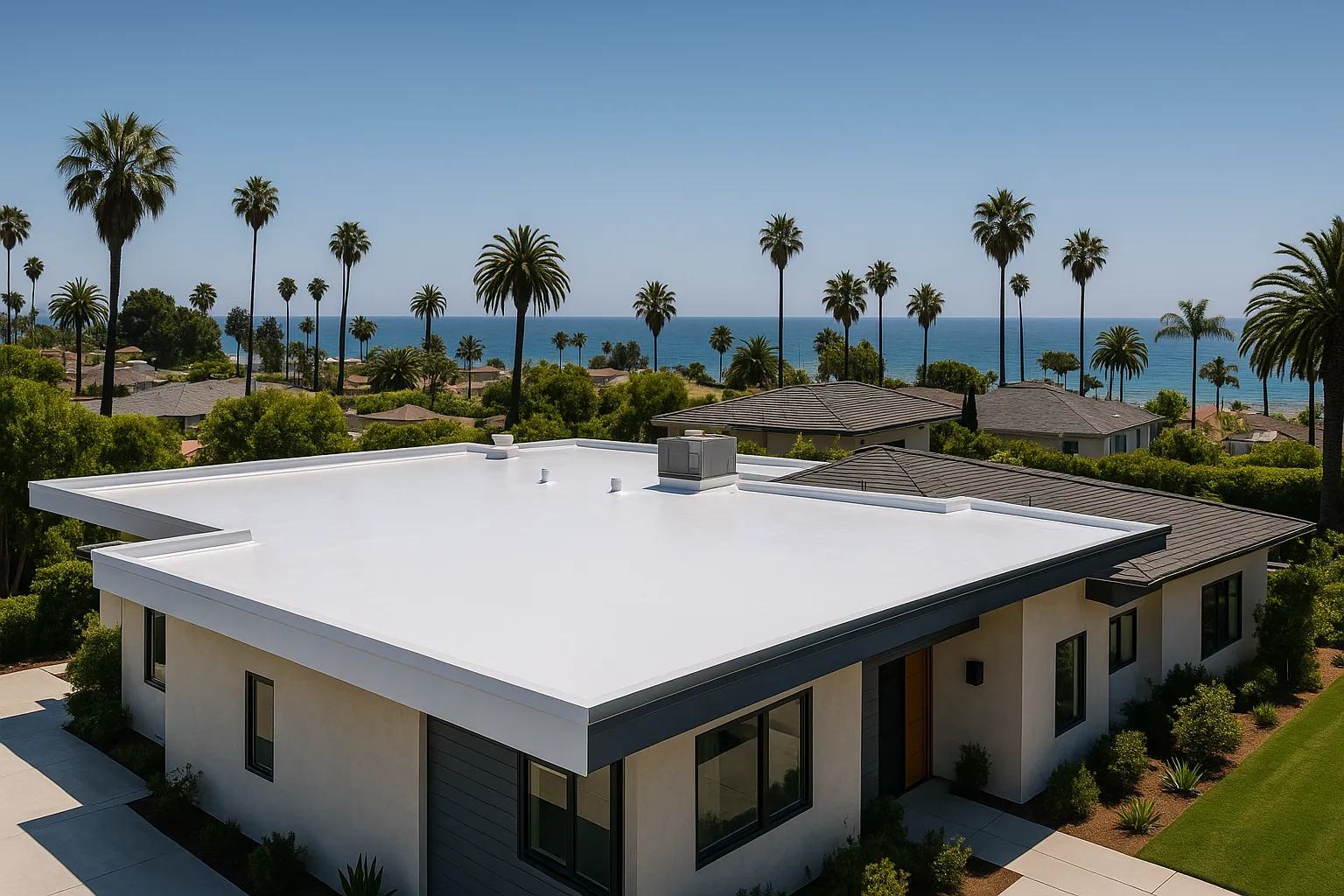 Modern flat-roofed home in Santa Monica, California with a new silicone roof coating for energy efficiency.