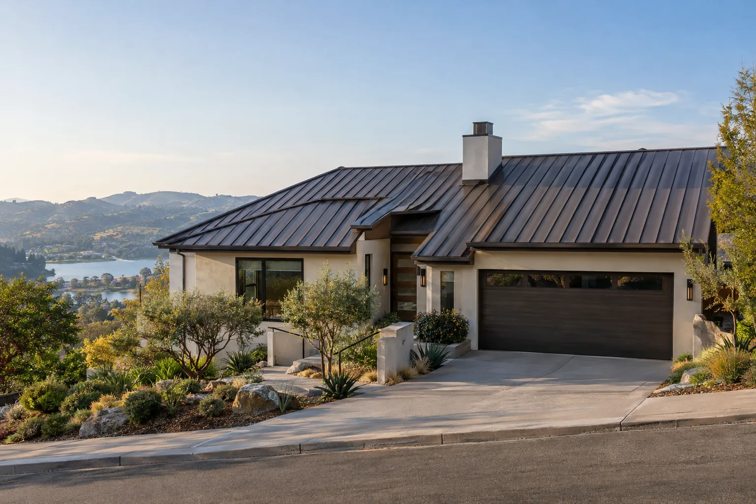Finished standing-seam metal roof on a hillside home in Westlake Village, California