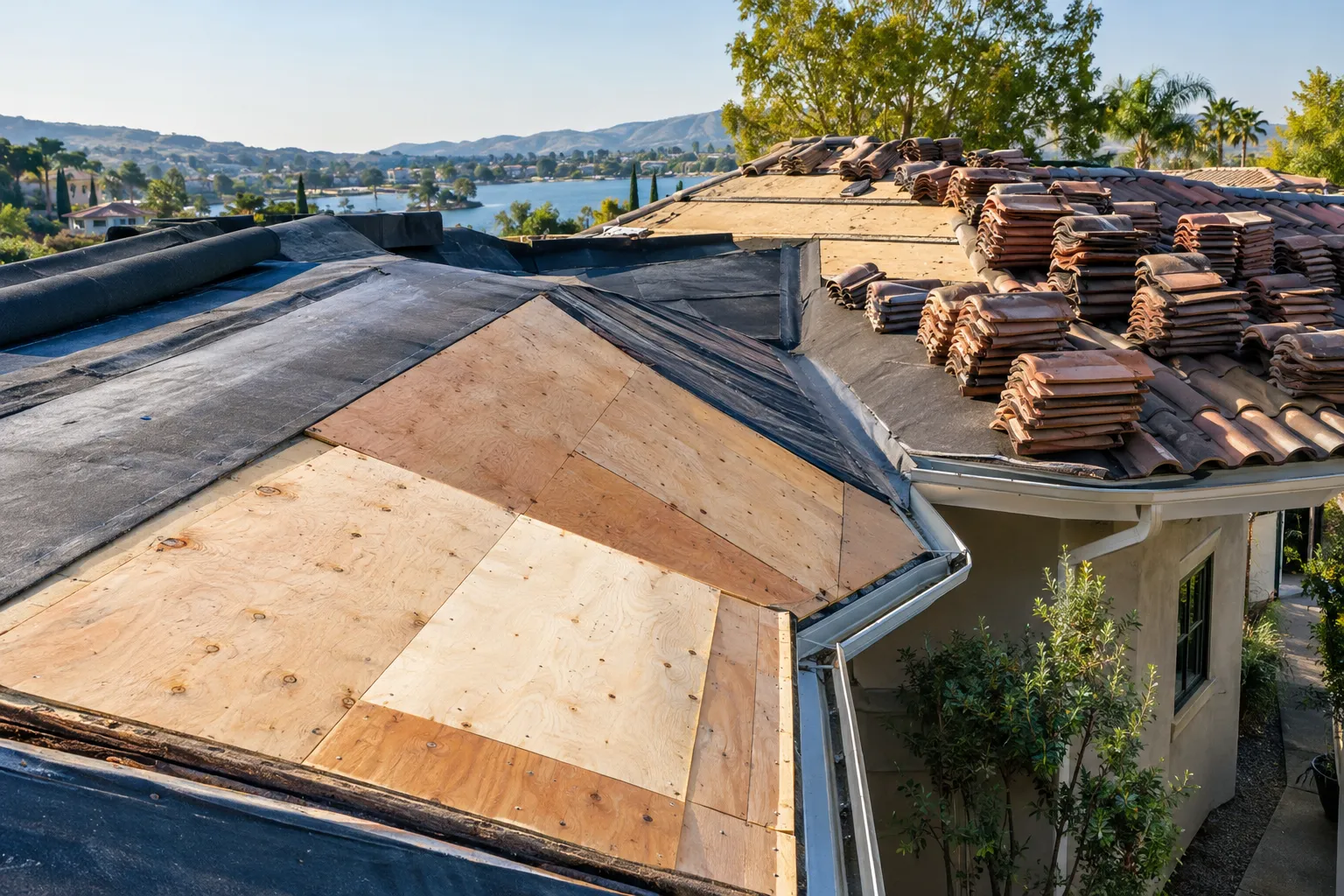 Exposed roof decking and underlayment during a Westlake Village, California roof replacement