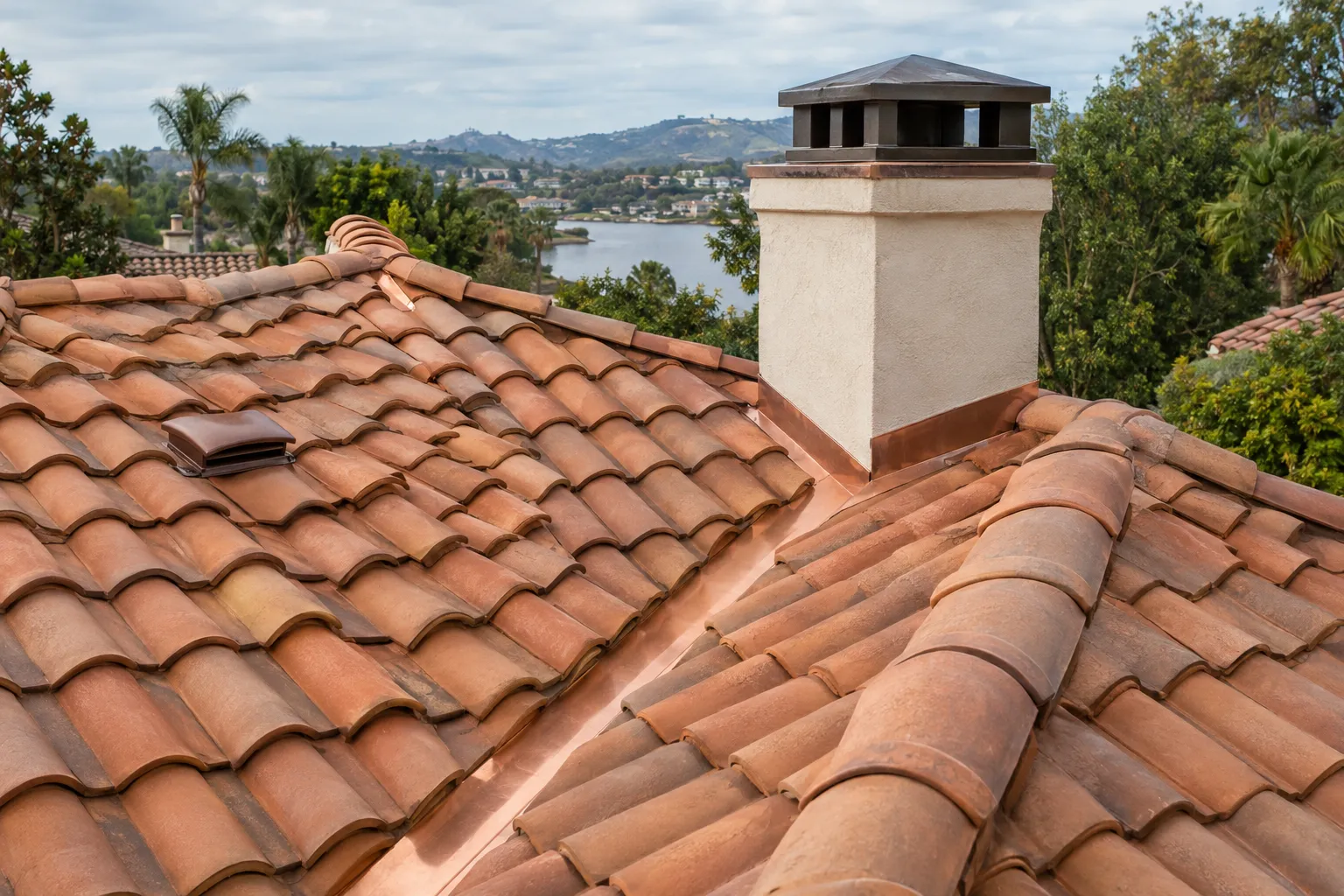 Clay tile roof replacement with copper valley and chimney flashing in Westlake Village, California