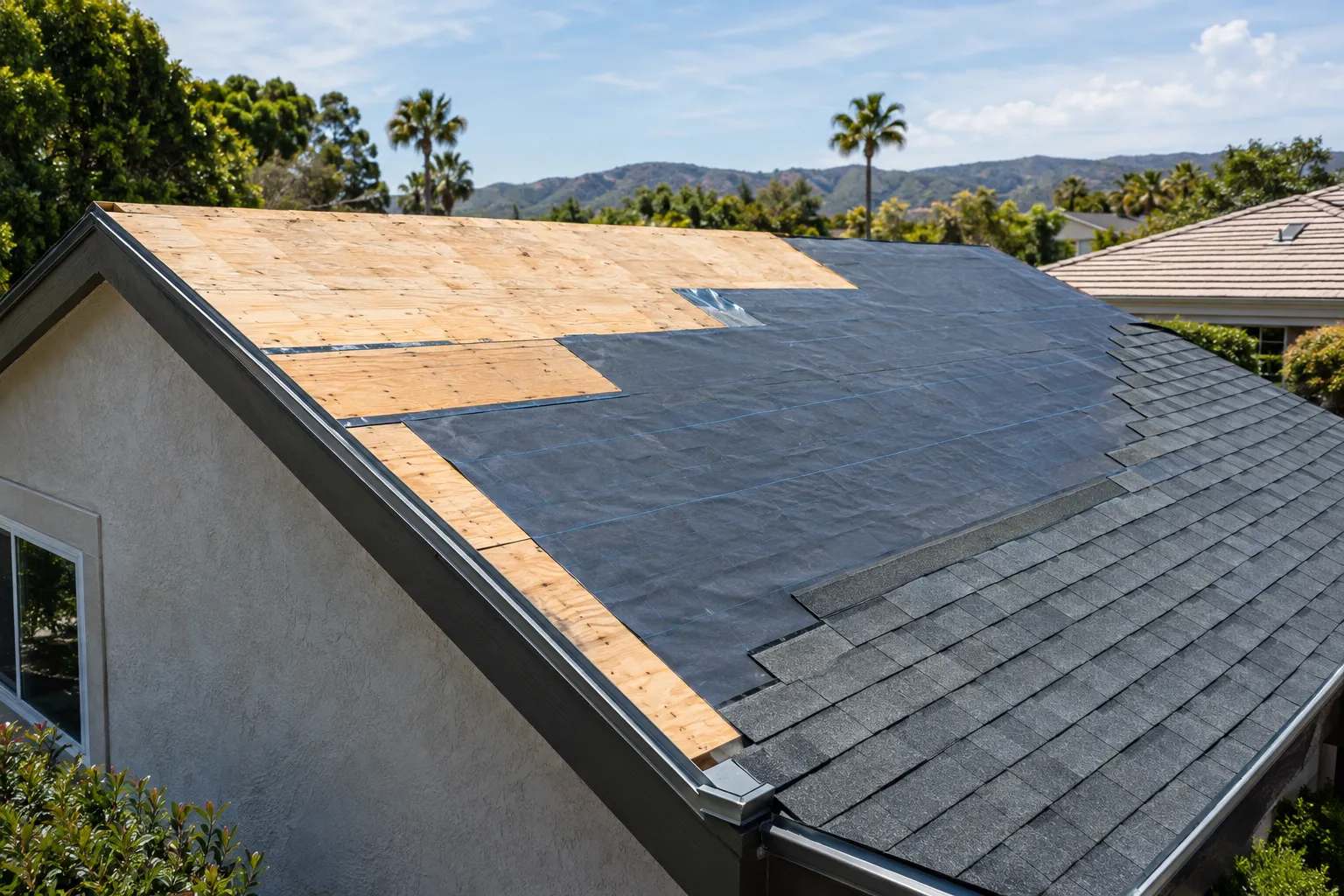 Asphalt shingle roof replacement showing decking and underlayment in Westlake Village, California