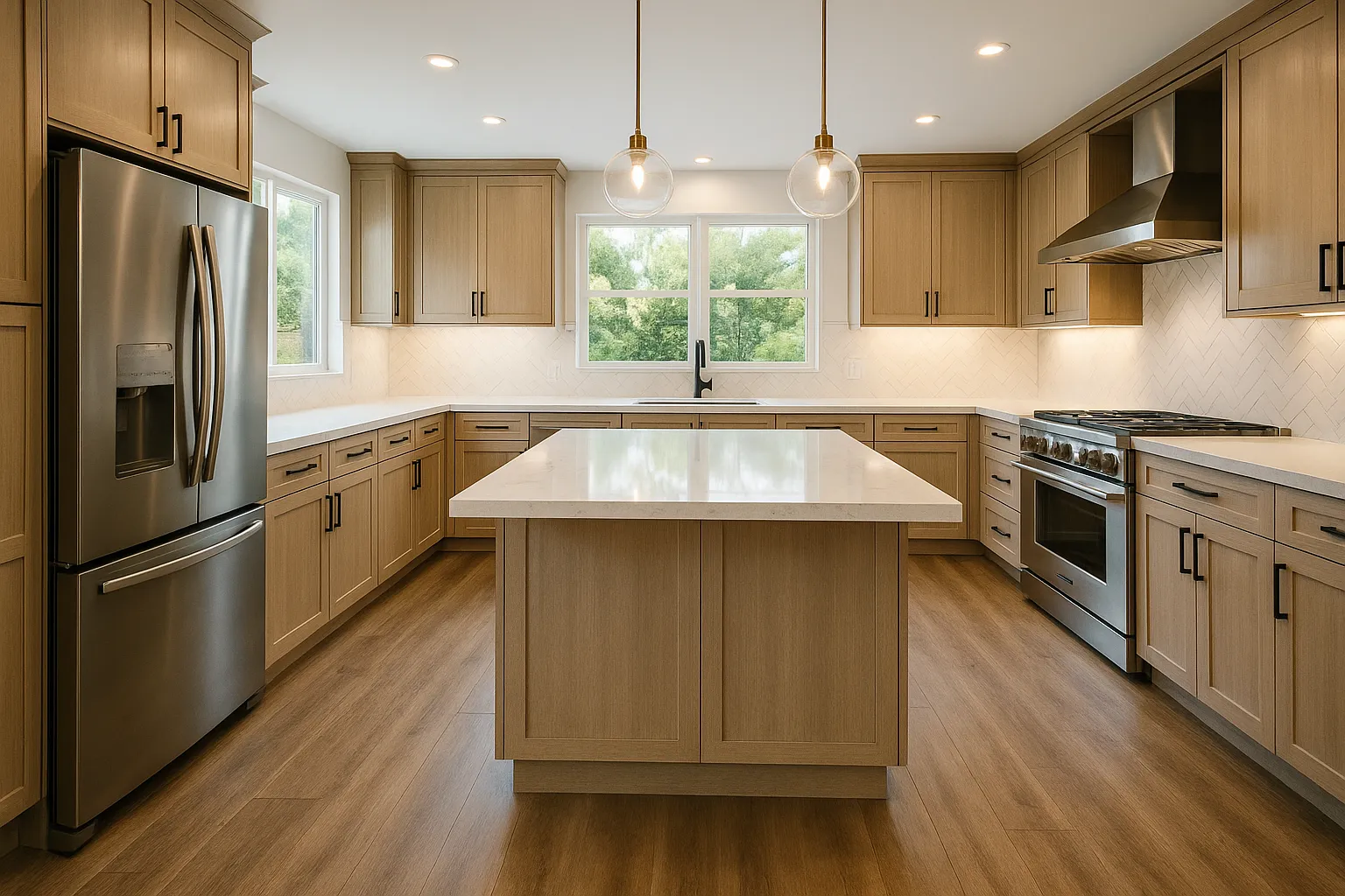 Mid-range kitchen remodel in Beverly Hills, California with quartz countertops and stainless steel appliances.