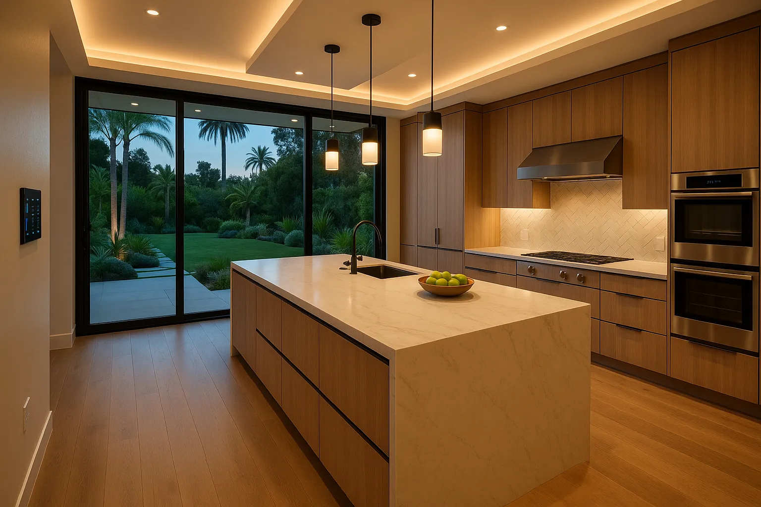 Ultra-premium kitchen remodel in Beverly Hills, California with smart home features and garden views.