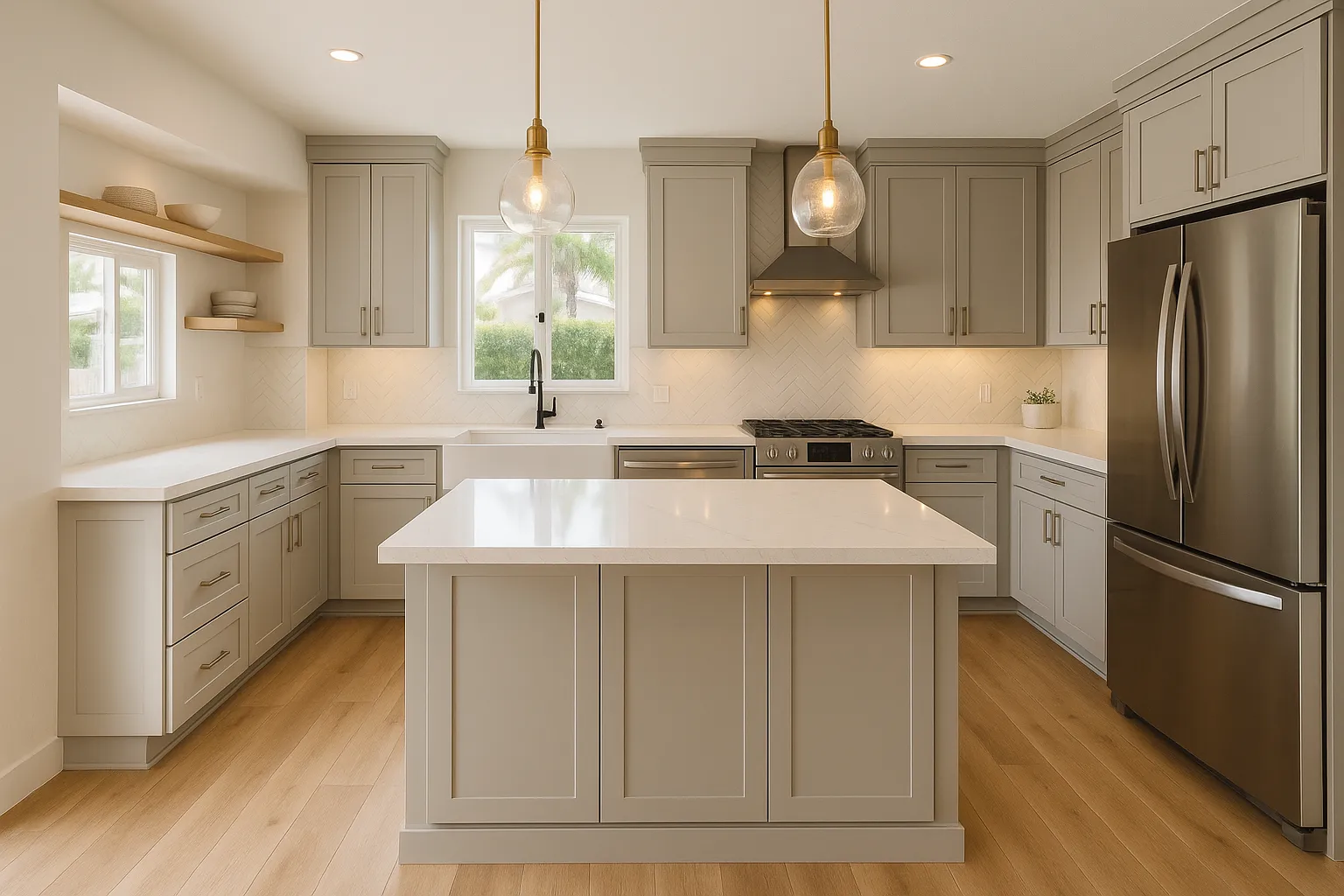 Mid-range kitchen remodel with semi-custom cabinets and quartz countertops in Long Beach, California