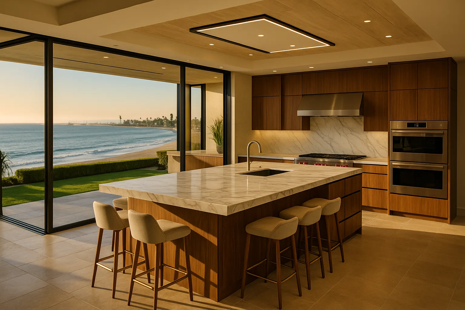 Luxury designer kitchen remodel with ocean views and imported materials in Long Beach, California