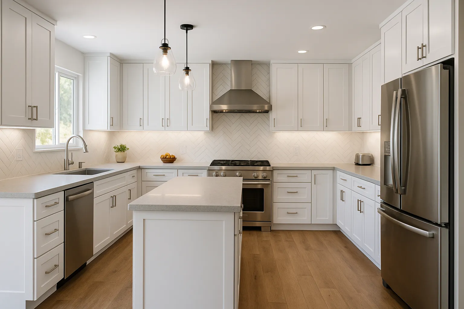Mid-range kitchen remodel in Thousand Oaks, California with shaker cabinets and quartz countertops