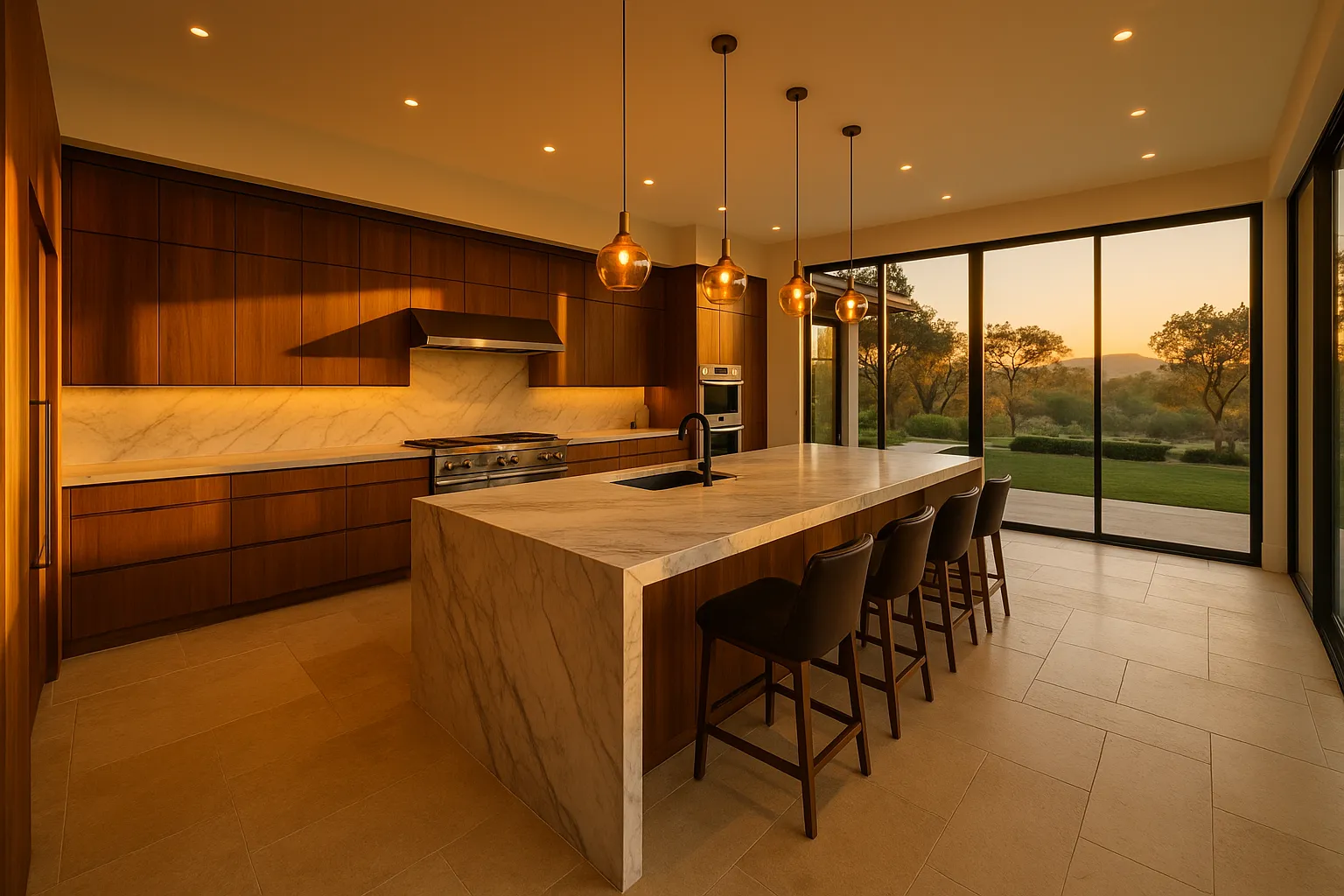 Open-concept kitchen with waterfall edge island in Thousand Oaks, California