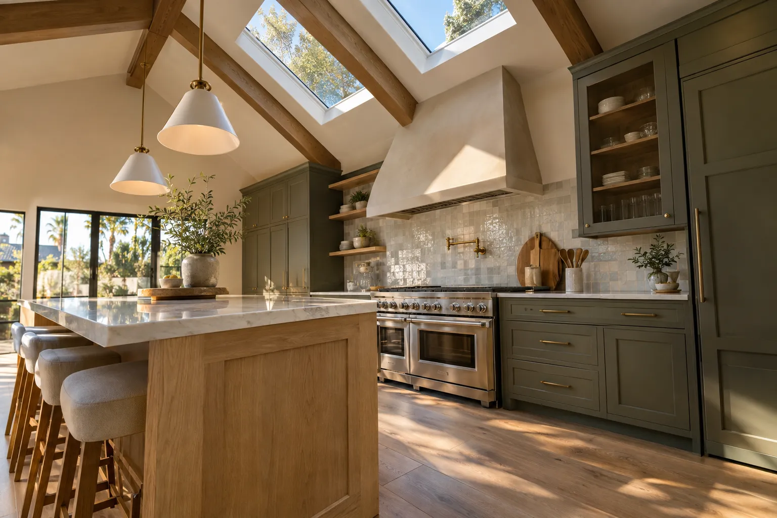 Roof-integrated skylights and vaulted ceiling above a renovated kitchen in West Hollywood, California