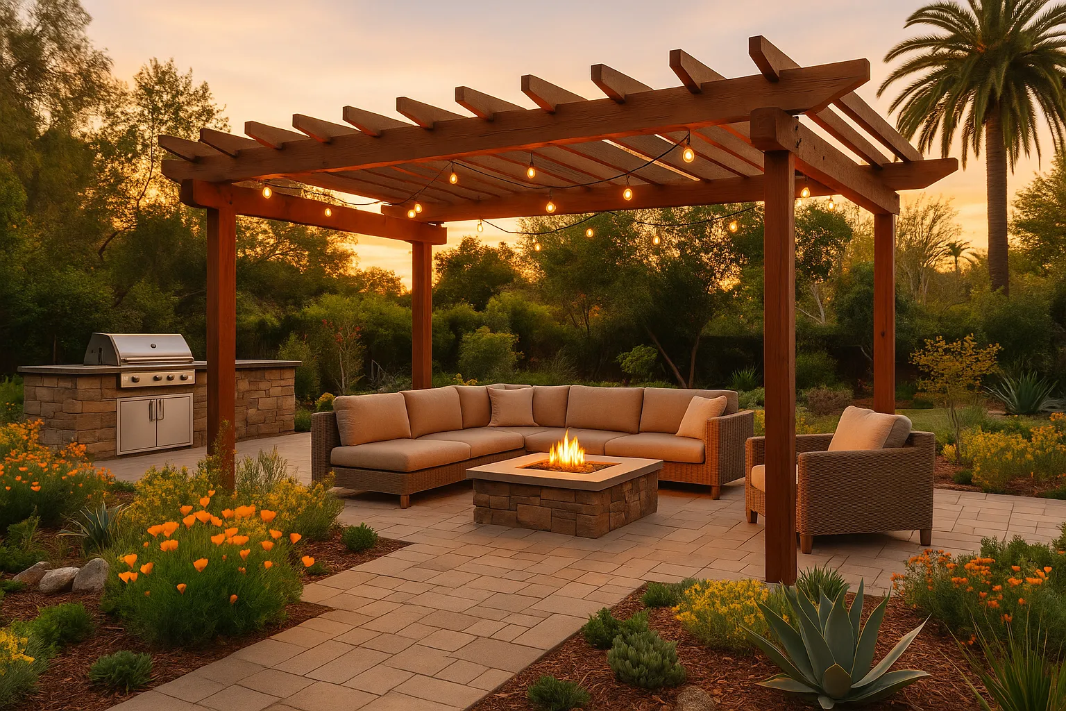 Modern pergola with weather-resistant wood and native California plants in Sherman Oaks.