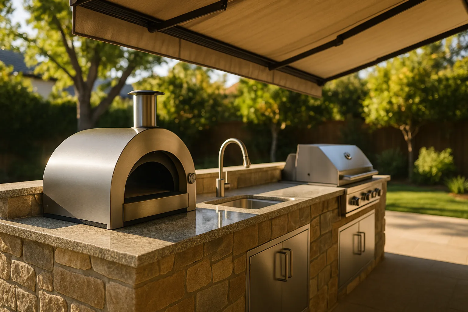 Custom outdoor kitchen with stone countertop and pizza oven in Sherman Oaks, California.