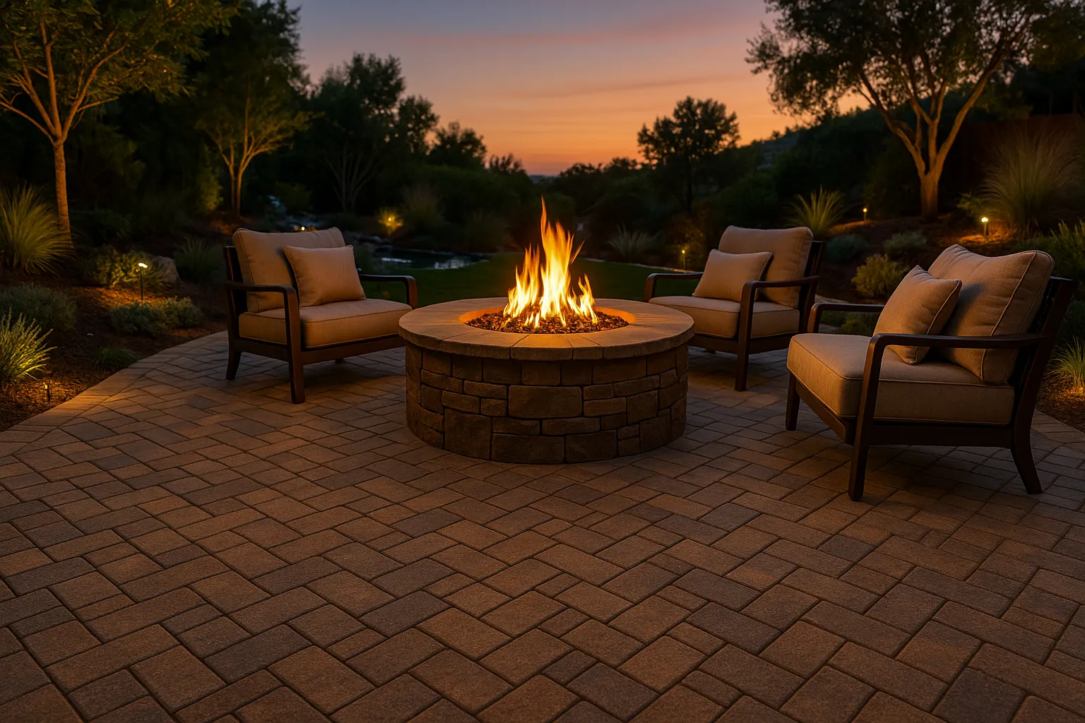 Paver patio with fire pit and landscape lighting in Studio City, California