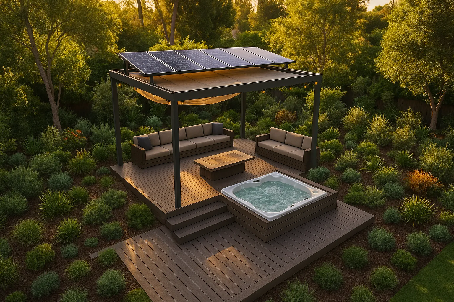 Drone view of outdoor living suite with deck and shade structure in Studio City