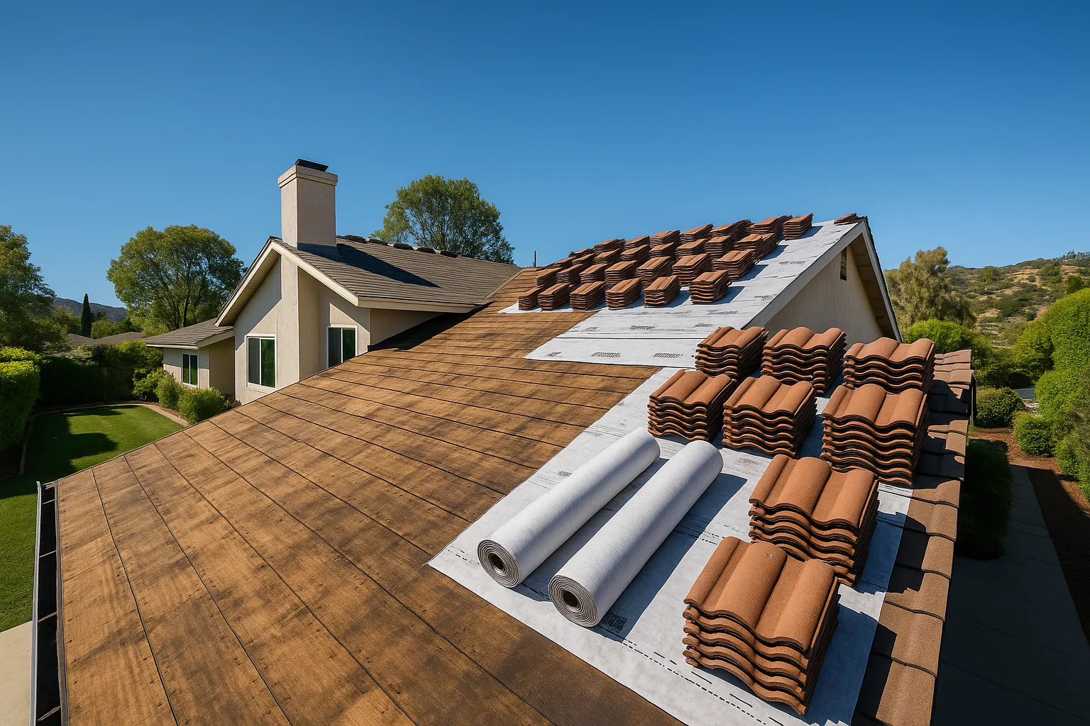 Roof replacement process on a residential home in Thousand Oaks, California