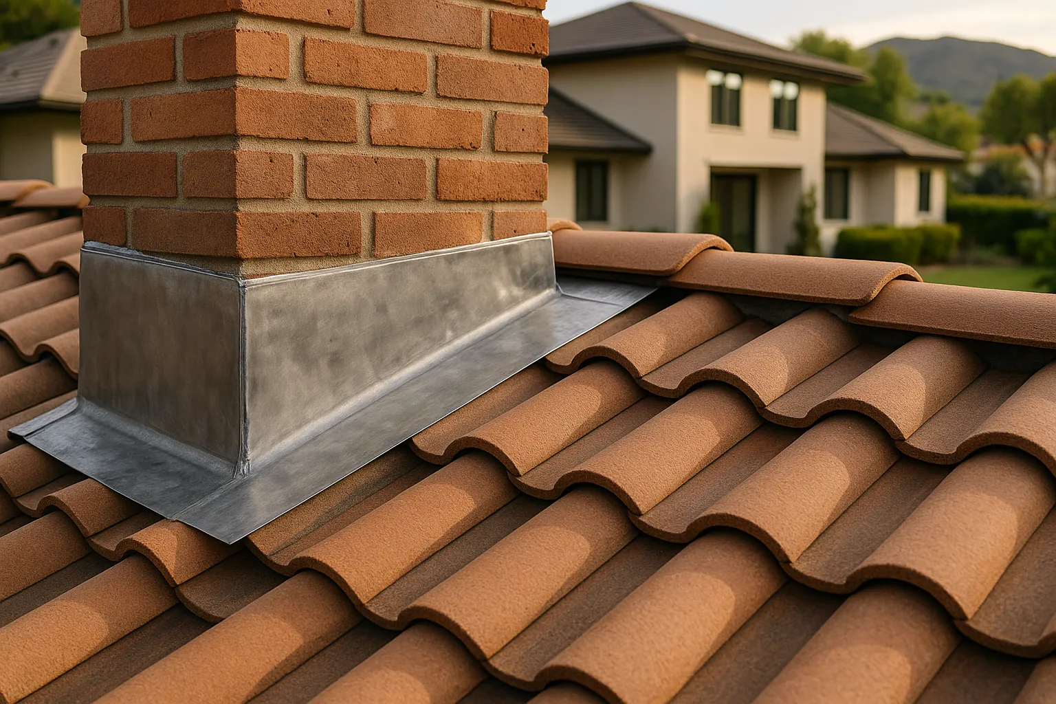 Close-up of repaired chimney flashing on a residential roof in Agoura Hills, California