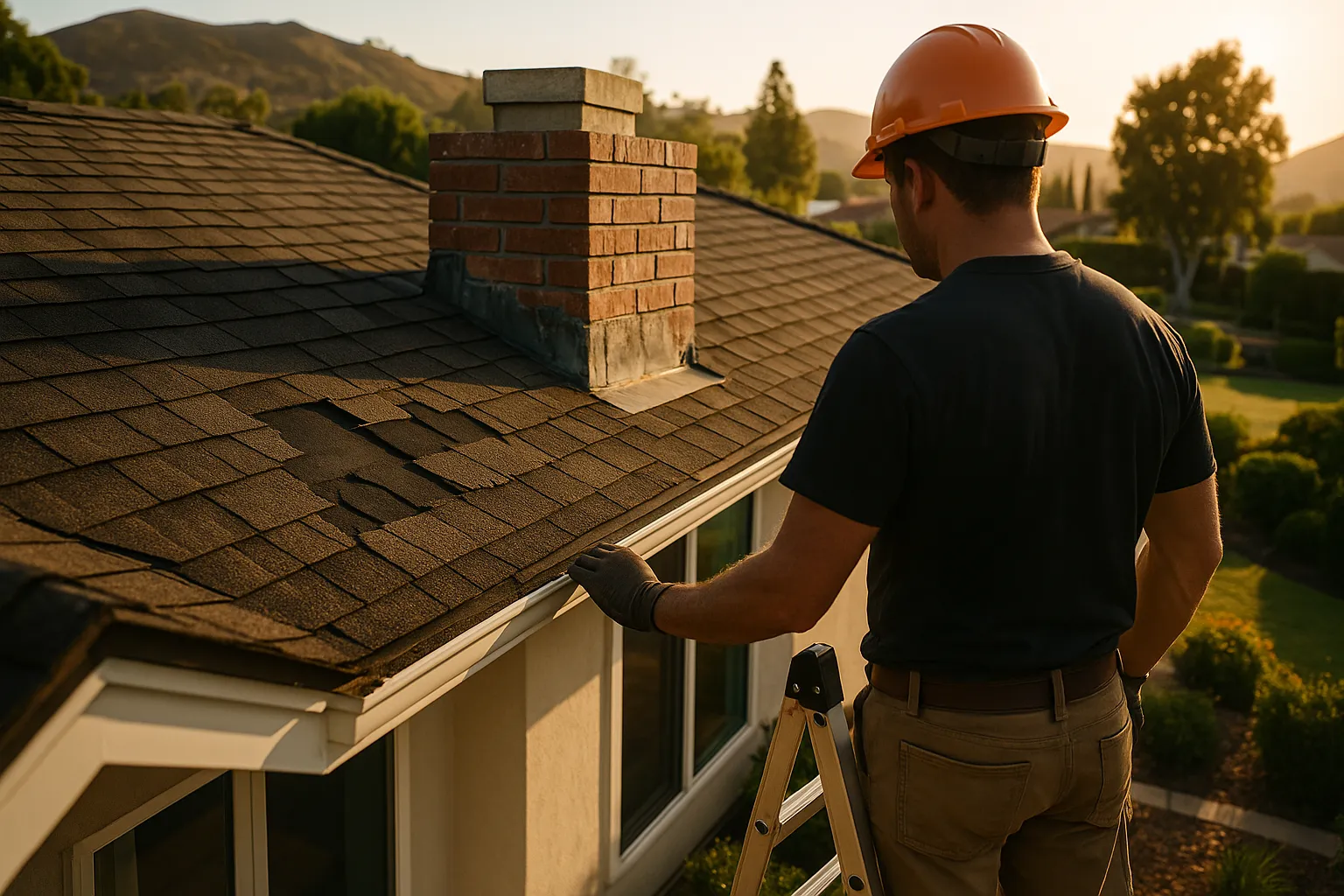 Roofing contractor inspecting shingle damage on a residential home in Westlake Village, California