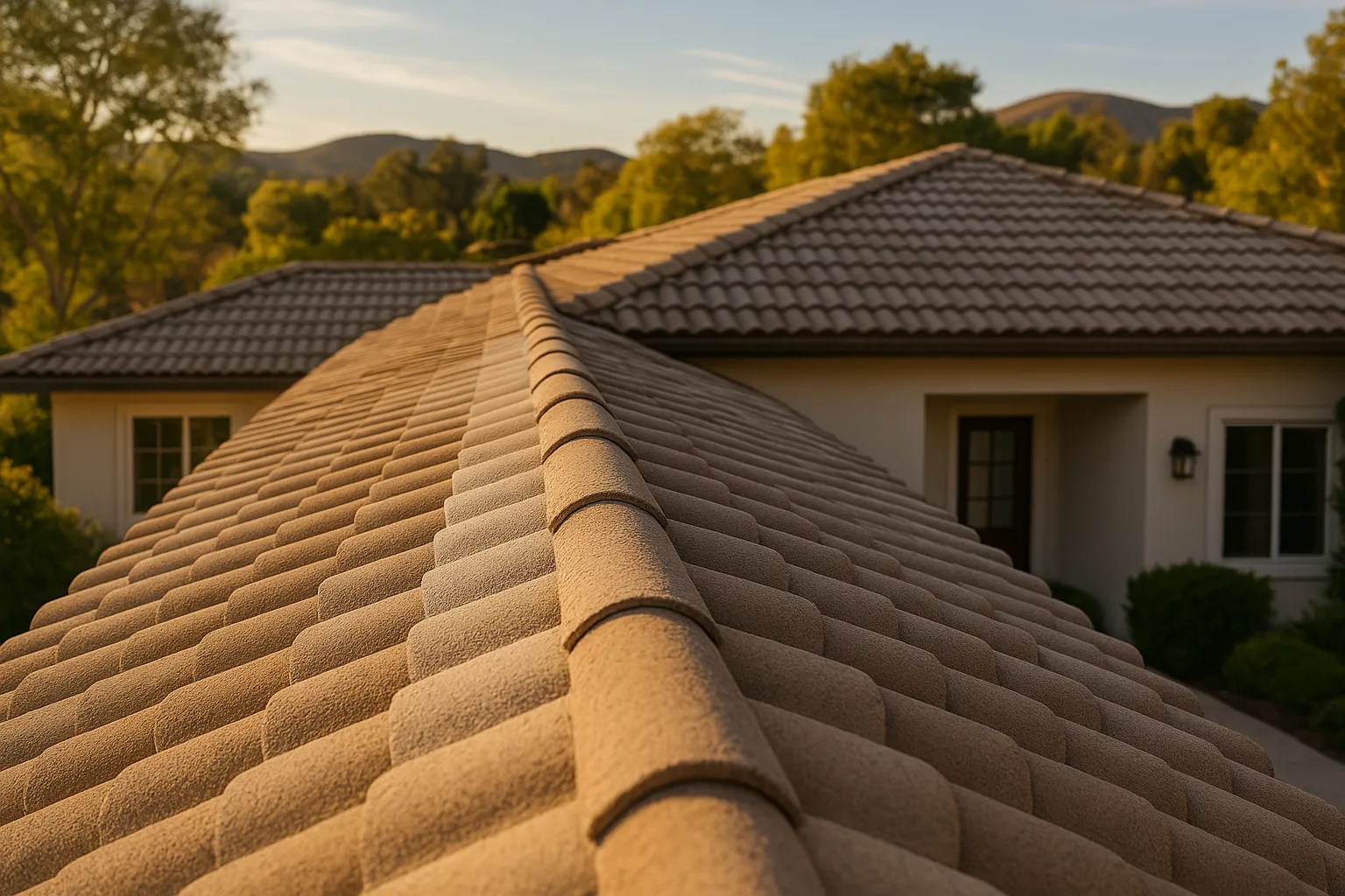 Ground-level view of a repaired concrete tile roof in Westlake Village, California