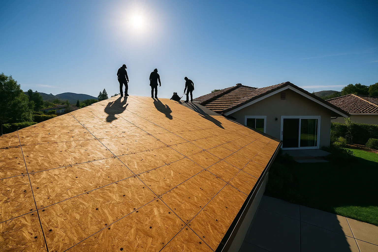 Wide-angle view of roof decking preparation for replacement in Westlake Village, California